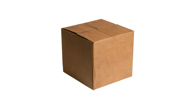 Three brown cardboard packaging boxes isolated on a transparent with cube on transparent background
