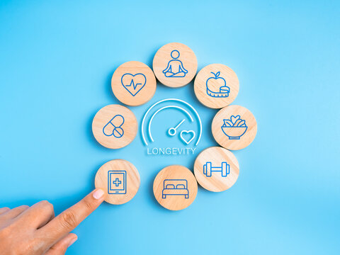 Health icons for nutrition, exercise, sleep, mindfulness and medical care surround longevity gauge on round wooden blocks. Personalized preventive assessment and healthy aging planning concept.
