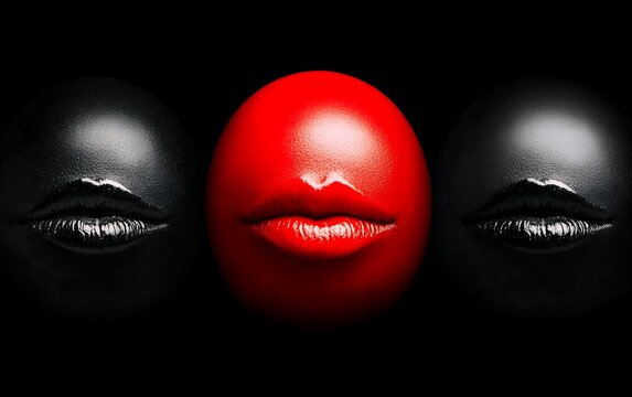 A vibrant red sphere with lips stands out between two black spheres, symbolizing individuality and expression