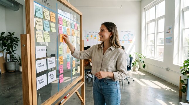 Smiling Businesswoman Organizing Agile Project Tasks on a Glass Board in Modern Office
