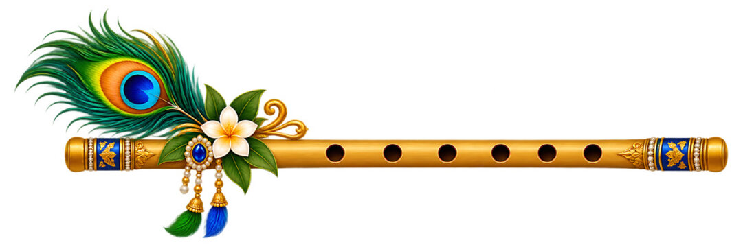 Decorative Indian Bamboo Flute with Peacock Feather and Floral Ornament on Transparent Background