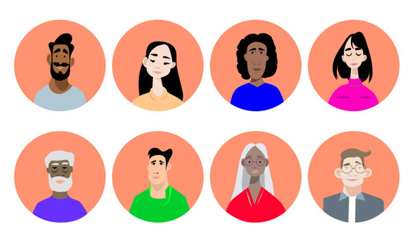 Set de iconos de personas, vector de retratos de personas de diferentes razas y colores, diversidad de personas diferentes razas