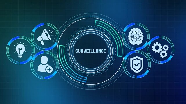 Futuristic digital surveillance concept showing artificial intelligence tech icons on futuristic dark background.