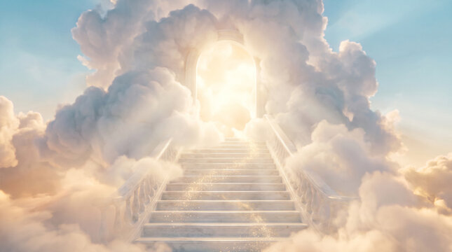 Staircase made of white marble leads up to a glowing heavenly portal in the clouds.