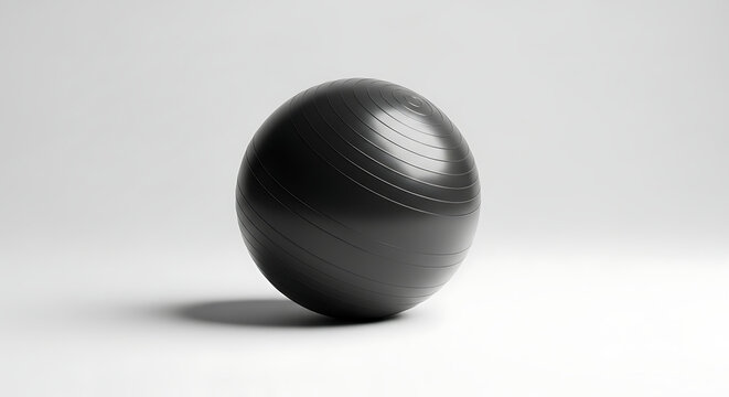 A single black exercise ball sits centered on a clean white studio background floor surface with fitness ball circular