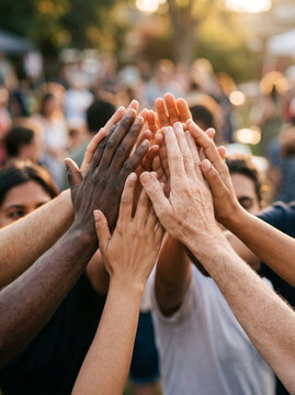 Multicultural Community Raising Hands In Celebration And Support Outdoors