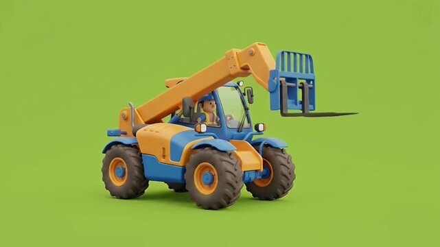3D Cartoon Telehandler Construction Vehicle Isolated on Green Screen Background