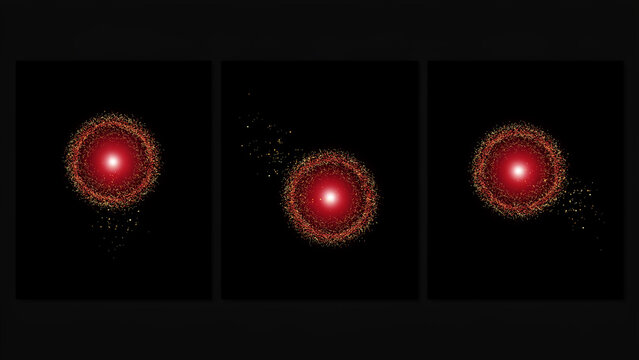 Three red circular orbs with glowing centers and scattered particle dust effects