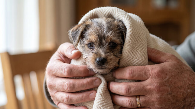 Volunteer holding shivering dog in arms wrapped in cozy blanket  
