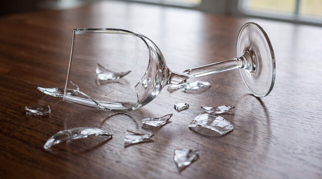 Shattered glass goblet lying broken on a wooden surface, symbolizing fragility, accident, and unexpected damage
