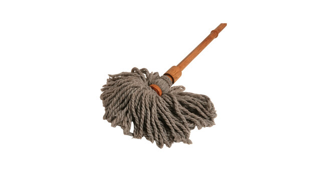 Gray string mop with wooden handle with isolated transparent on transparent background