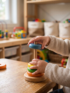 Toddler placing wooden ring on stacker tower toy on table