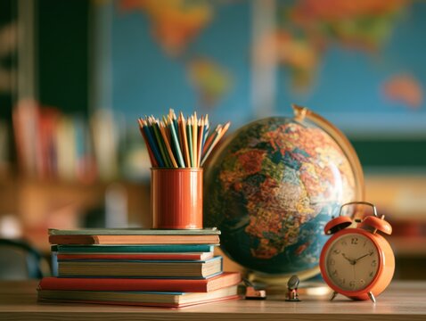 Stack of books with pencils, globe, and alarm clock on wooden surface