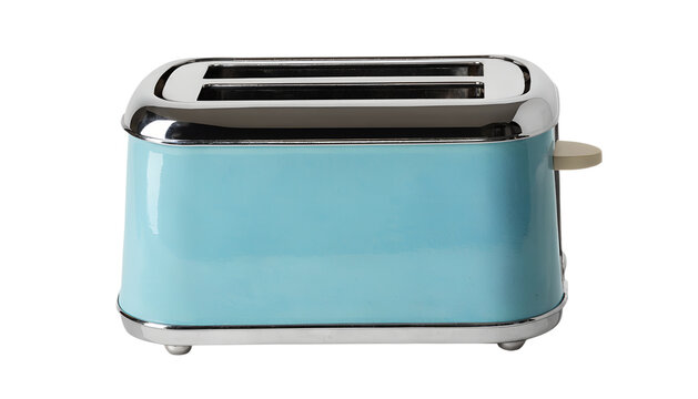 A charming vintage two-slot toaster, isolated PNG, transparent background, rounded 1950s kitchen appliance design with pastel turquoise body, polished chrome top and cream control lever, clean geometr