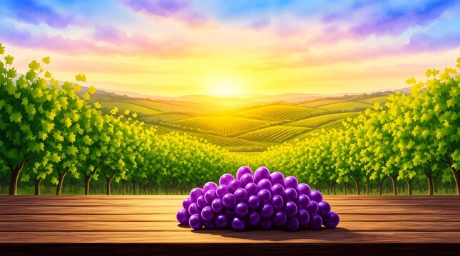 Vibrant close-up of fresh purple grape cluster on wooden surface with lush vineyard trees and beautiful sunrise sky in background showing rural agricultural scenery