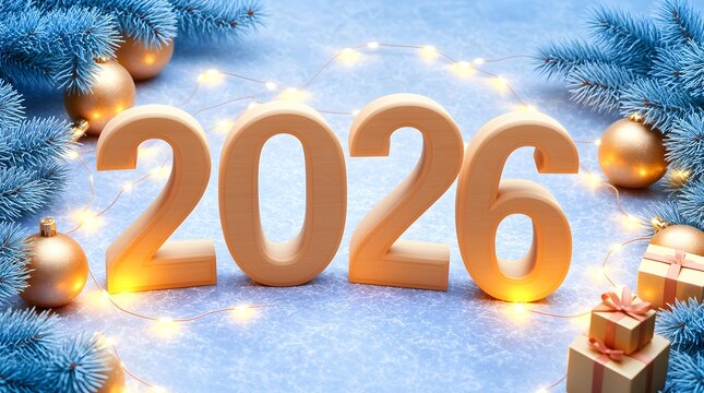 Festive holiday background with wooden numbers 2026, blue pine branches, glowing string light, golden decoration ball, decorative gift boxes on shiny surface