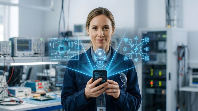 Female electronics engineer using smartphone with augmented reality interface in a laboratory.