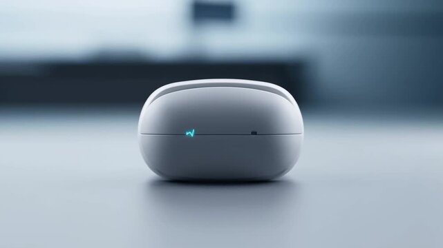 Modern white wireless charging case for earbuds resting on a smooth surface.