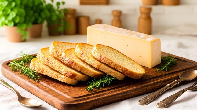 Sliced loaf of fresh golden bread with a large block of semi-hard yellow cheese and sprigs of fresh herb on wooden cutting board in bright kitchen setting
