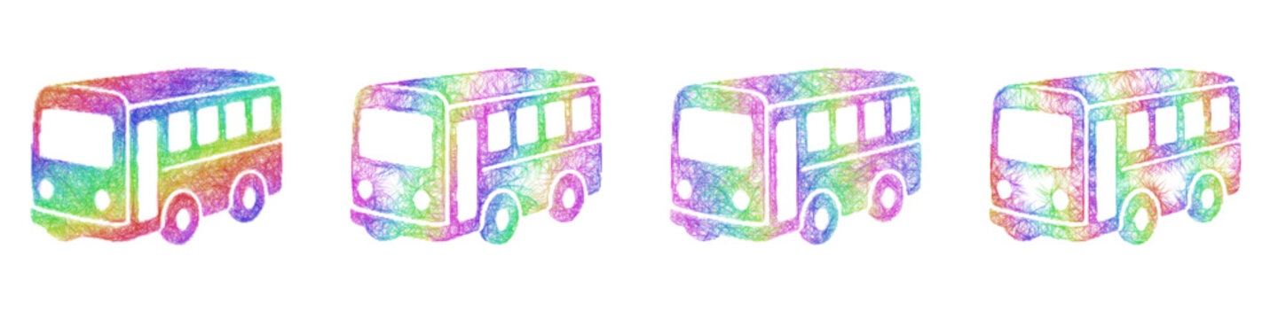 Multicolored sketch toy bus icon design set