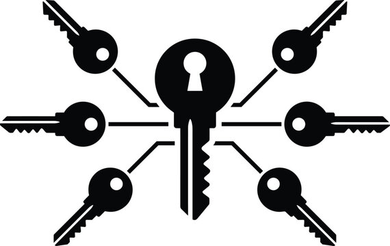 Network key access vector icon showing multiple safety keys pointing toward central master keyhole circle lock symbol