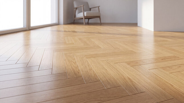 Herringbone pattern wood flooring in a minimalist interior with sunlit surfaces and natural light