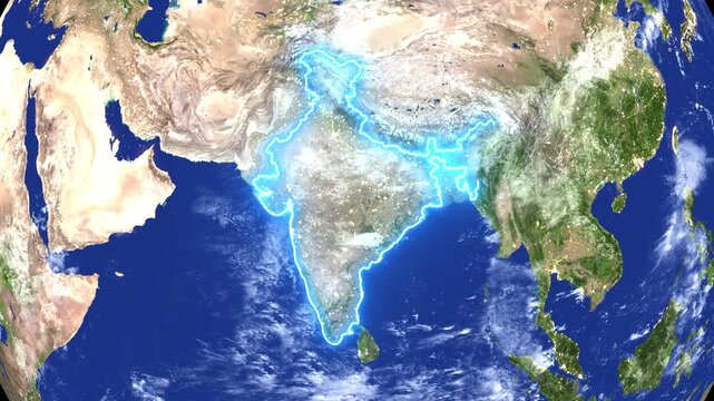 India Map Highlighted on 3D World Globe with Indian Flag. Futuristic India Map Location Tracker with Neon Outline and Flag. Map Outline with Neon Glow.