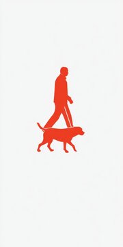 Simple red silhouette of a person walking a dog