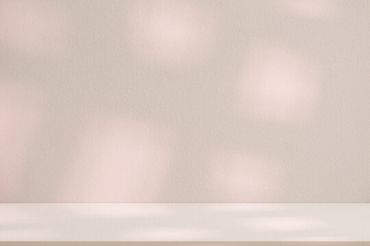 Beige Pink Background With Light And Blurred Window Shadow On Cement Wall And Floor, Warm Pastel Tone of Empty Studio Room For Autumn Winter Product Display, Interior Kitchen Cream Wall Texture