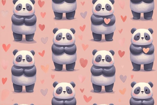 Cute panda pattern illustration with hearts on a pastel pink background featuring adorable cartoon pandas showcasing love and charm in a delightful design. Generative AI