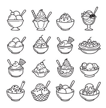 Assorted ice cream desserts in bowls and cups with spoons and garnishes on white background vector illustration