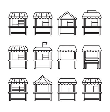 Assorted market stall icons with simple line art design and a white background for commercial use