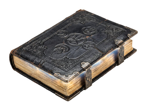 Ancient magic grimoire book with black leather cover and metal clasps