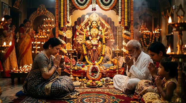 Family praying in front of a Hindu goddess idol during a religious ceremony.