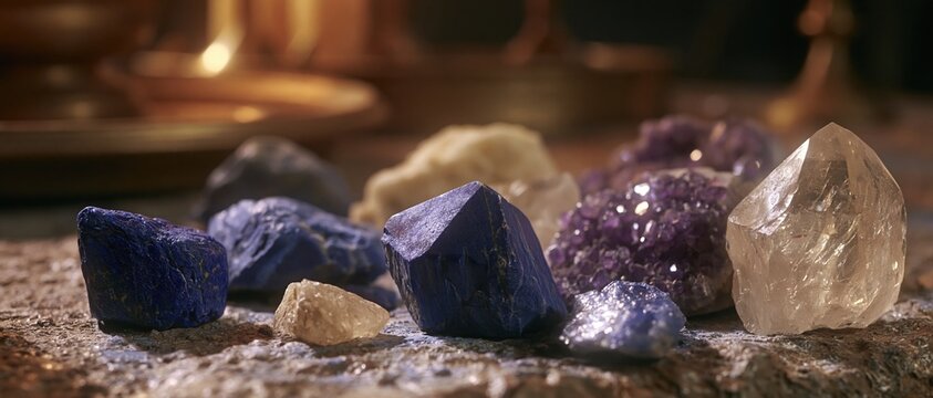 Assortment of Raw Natural Gemstones and Crystals Displayed on Textured Surface with Soft Lighting