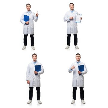 Scientist holding digital tablet and clipboard isolated on white background