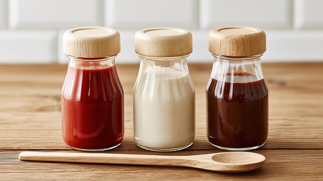 Three glass bottles with wooden lids containing sauces and a wooden spoon on a rustic wooden surface