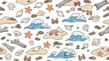 Obraz premium Minimalist Nautical Seamless Pattern with Waves, Crabs, and Shells on White Background