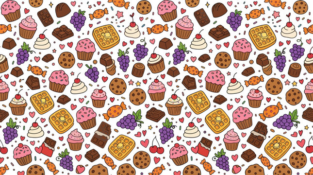 Seamless pattern of colorful hand-drawn sweet treats cupcakes waffles and cookies background
