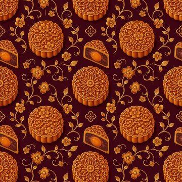 Seamless pattern of luxurious mooncakes celebrating the mid autumn festival with golden detailing and floral accents