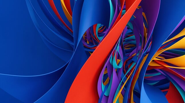 Conceptual 3D abstract background featuring complex impossible geometric ribbons in vibrant cobalt blue, vermilion red, and yellow, offering dynamic depth and clean copy space