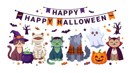 Fototapeta premium Cute Halloween Characters Banner with Spooky Decorations