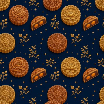 Elegant seamless design of mooncakes for the mid autumn festival featuring floral motifs and shimmering gold accents