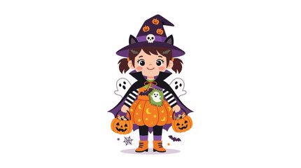Naklejka premium Cute Girl in Witch Costume with Pumpkin Buckets