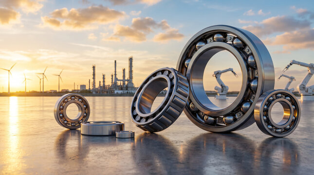 Steel ball bearings arranged outdoors with industrial refinery, wind turbines, and robot arms at golden sunset