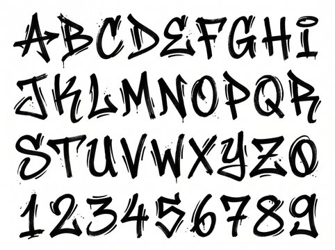 Dynamic street art alphabet set and numeric characters, hand-drawn spray paint effect font elements