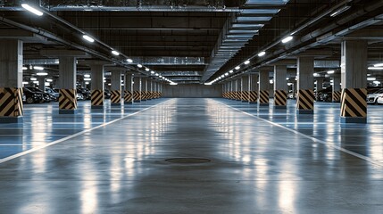 Naklejka premium Empty Modern Underground Parking Garage with Bright Lights and Concrete Pillars