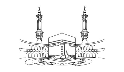 Obraz premium Minimal Kaaba and Minarets Islamic One Line Vector Illustration