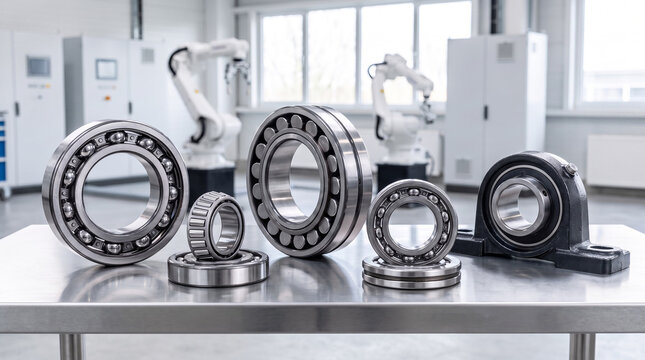 Various bearing types including tapered, spherical, and pillow block displayed in robotic automation lab