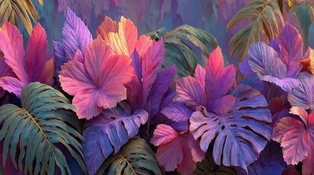 Colorful depiction of lush foliage, with large leaves in varying shades